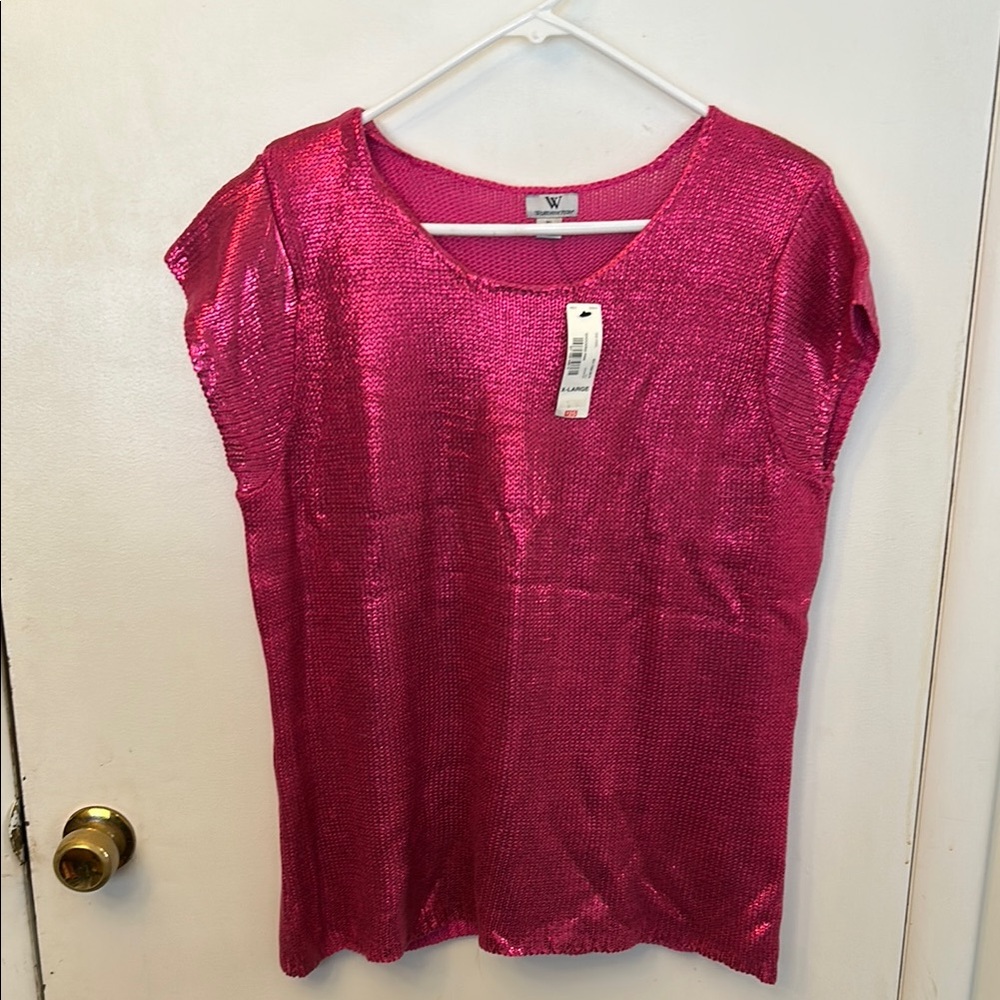 NWT Worthington Size XL Women’s Pink Metallic Short Sleeve Sweater